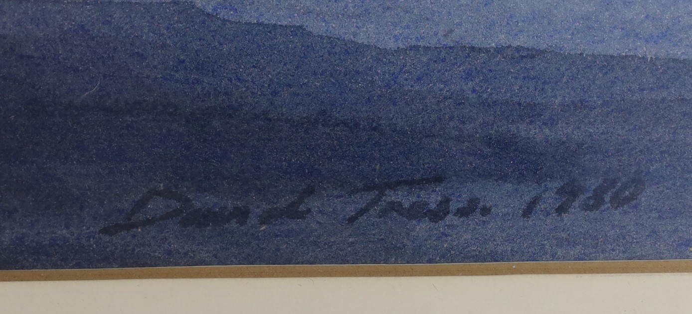 David Trass, watercolour, Fishermen's cottages by moonlight, signed and dated 1980, 15 x 42cm